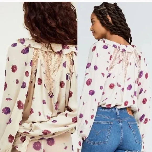 Free People Floral Poppy Printed Bodysuit Ruffle lace Cream Size S Pink - Picture 12 of 14
